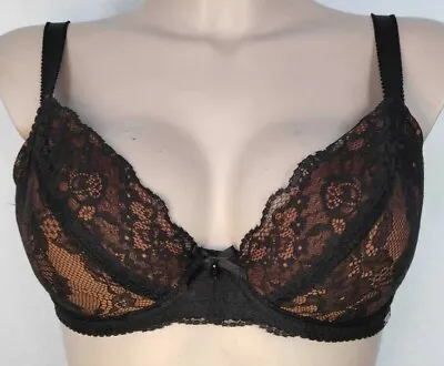 Charnos Hourglass Plunge Underwired Bra Gr.75F UK 34E Black Lace Bronze Padded • £28.50