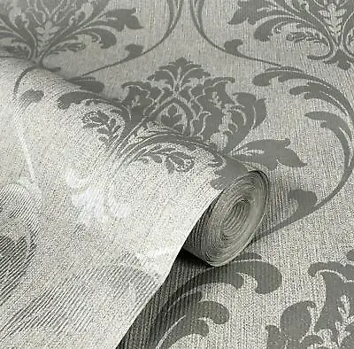 £9.99 • Buy Baroque Floral Damask Grey Metallic Silver Feature Rasch Highgrove Wallpaper