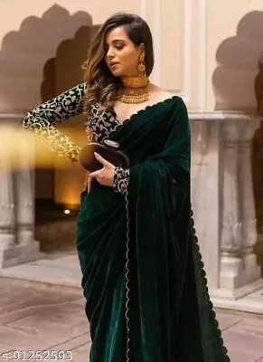 Saree Sari Bollywood Green Velvet Silk Indian Designer Sari Party Wedding Saree • £40.63