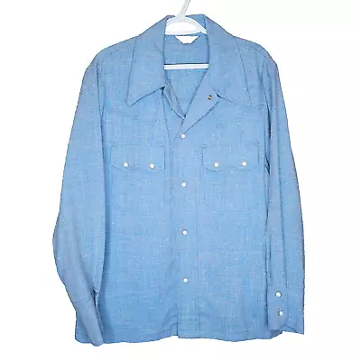 Vintage Western Shirt Mens Large Blue Chambray Pearl Snap Permanent Press 70s • $18.94