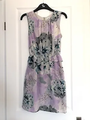 £5 SALE - Belle By Oasis Purple Grey Floral SILK Peplum Party Dress - Size 8 • £5