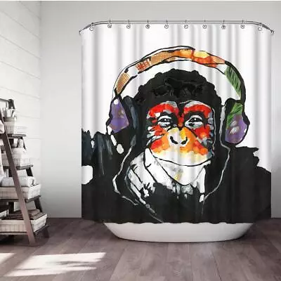 Monkey Shower Curtains Funny Animal Chimpanzee Portrait With Colorful Headset... • $39.31