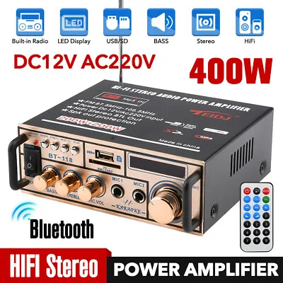 400W 2CH Stereo Bluetooth Power Amplifier HiFi FM Car Home Karaoke 2MIC Amp 220v • £28.49