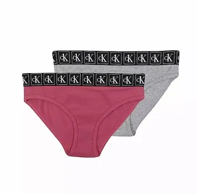 Calvin Klein Girls 2 Pack  Bikini Brief Romantic Pink /Grey 8-10 Years Pants • £19.99