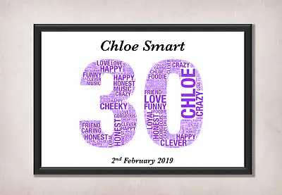 £3.95 • Buy Birthday 30th 40th 50th 60th 70th Gift Word Art Personalised Print Name Date