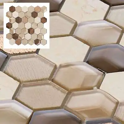 Hexagon Beige Metallic 3D Glass Marble Stone Mosaic Tile Kitchen Bath Backsplash • $3.99
