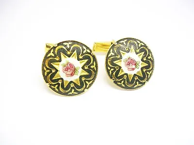 Cuff Links Gold Plate Vintage Amita Style Guilloche Enamel Rose • $27.96