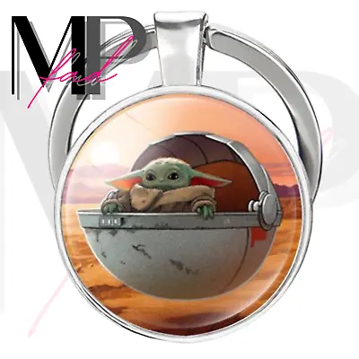 Baby Yoda Keychain Mandalorian Metal Ring Key Fob Cabochon Holder ON THE LOOKOUT • $9.98