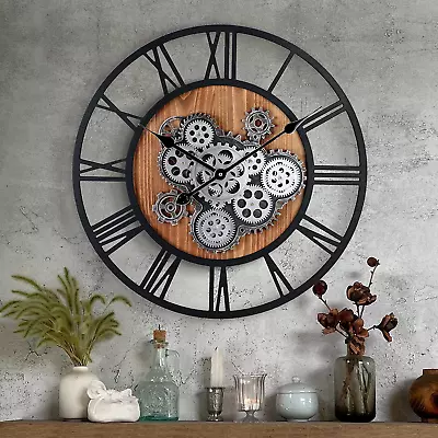 23 Inch Wall Clock With Moving Gears. Roman Numeral Wooden Large Moving Gears Wa • $113.15