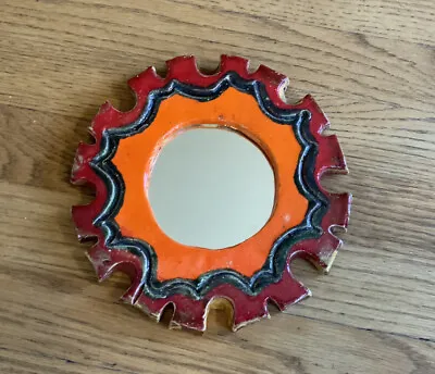 Mid Century French Ceramic Wall Mirror Orange Red Green Sunburst 8” Signed • $75