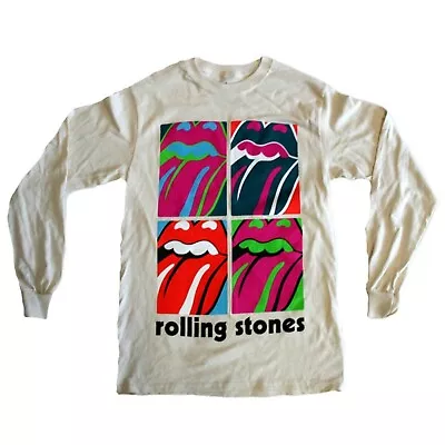 The Rolling Stones Mens 4 Tongues Tongue Logo Long Sleeve Cream Shirt New Small • $9.99