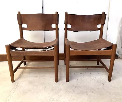 Pair Of Leather Oak Spanish Dining Chairs Borge Mogensen Fredericia • $1450.99