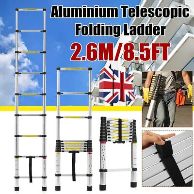 Portable 2.6M Aluminium Telescopic Ladder Multi-functional Extendable Ladder UK • £44.97