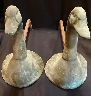 Great Pair Heavy Solid Brass Verdigris Patina Figural Duck Geese Andirons • $599.99