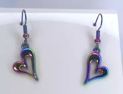 Rainbow Titanium Heart Hook Earrings 4cm Drop E37 • £3.99