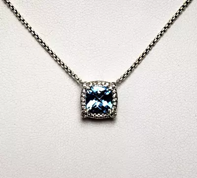 David Yurman Sterling Petite Chatelaine Blue Topaz Diamond Halo Pendant Necklace • $425