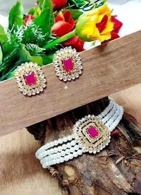 $26.65 • Buy Indian Bollywood Gold Plated Kundan Choker Necklace Bridal Pearl CZ Jewelry Set