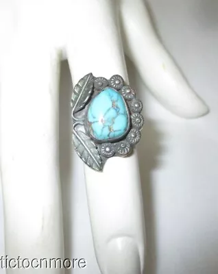 Vintage Navajo Indian Signed B Silver Rosettes & Leaves Spiderweb Turquoise Ring • $20.50