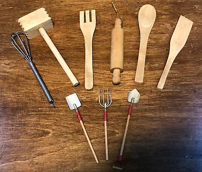 Miniature Lot Of Nine Wooden Kitchen Tools Whisk & Garden Tools • $5