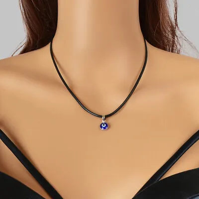 Black Rope Chain Round Blue Evil Eye Pendant Lucky Necklace Women Jewellery Gift • $1.99