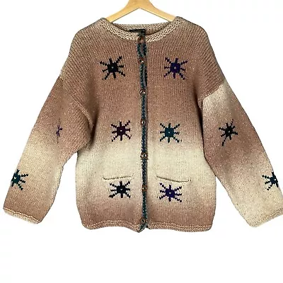 ICE AME Vintage Hand Knit Cardigan XL Heavy Wool Chunky Knit Sweater Ecuador • $59.99