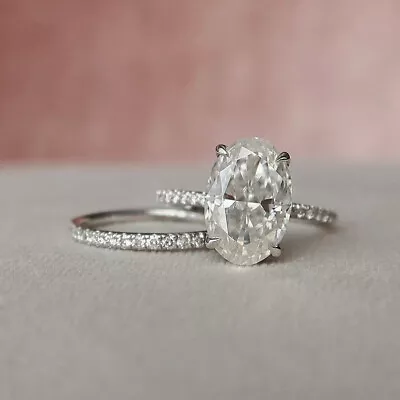 2.5Ct White Oval Cut Simulated Diamond Halo Wedding Ring Matching 925 Silver Set • $88