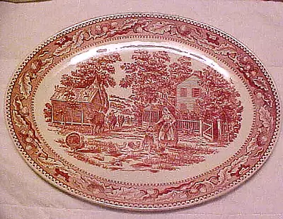 VTG~1~13 X10  Oval Serving Platter~Royal China Memory Lane~Pink/Red Transferware • $29.95