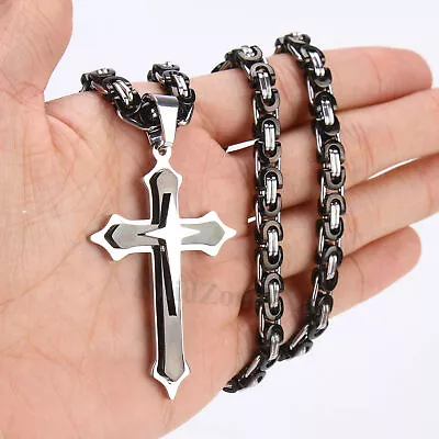 Mens 6mm Stainless Steel Cross Pendant Gold Silver Necklace Byzantine Chain  • $9.98