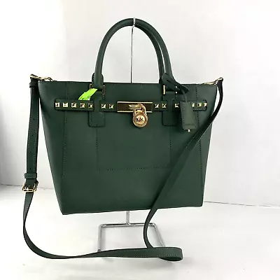 Michael Kors Bag Hamilton Traveler Studded Tote Satchel Green Leather B2L • $134.99