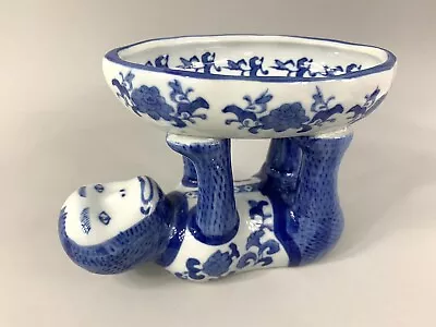 Chinoiserie Blue White Porcelain Ceramic Monkey Holding Up Soap Candy Bowl Dish • $79.99