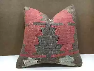 Luxury Brown Red Vintage Throw Kilim Pillow Cover 16x16 Handmade Turkish Cushion • $22.41