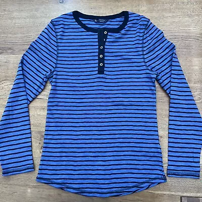 Ex-M & S Blue Striped 100% Cotton Jersey Long Sleeved Henley Top - BNWOT • £9.50