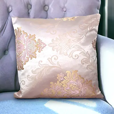 Luxury Pearly Salmon Pink And Gold Damask Cushion Covers 18x18  Inch 45x45cm • £4.99