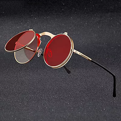 Vintage Metal Steampunk Flip-up Lens Round Sunglasses Mens Outdoor Shade Glasses • $7.99