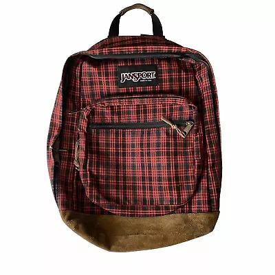 Vintage 90s Jansport Red Black Backpack USA Made Leather Bottom Plaid Hike Camp • $49.95