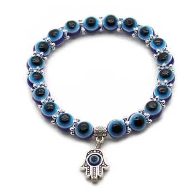 EVIL EYE HAMSA HAND BRACELET 8mm Resin Bead Blue Stretch Luck Protection Nazar • $7.95