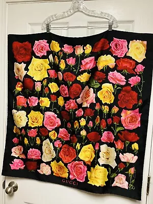 Gucci Large Black Multicolor Floral Roses 100% Silk Scarf Vintage Italy  AS IS • $110