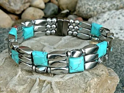 $51.29 • Buy Magnetic Silver Hematite Bracelet Anklet CHALK TURQUOISE 3 Row STRONG