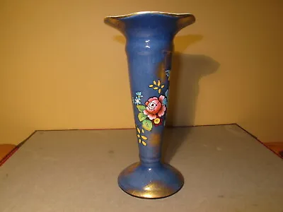 Vintage Falcon Ware Blue Vase With Enamel Painted Flowers And Gold Speckles. • $28