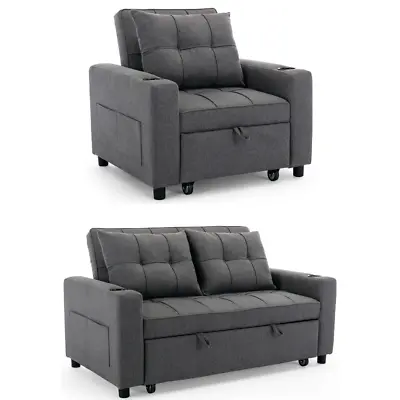 Hudson 1-seater 2-seater Sofa Bed Linen Fabric With Cup Holders Grey • £259.99