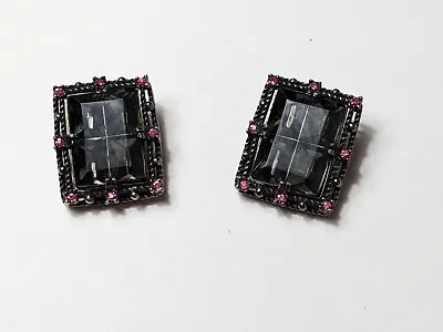 Vintage Signed Sarah Coventry Midnight Magic Black Pink Rhinestone Clip Earrings • $14.50