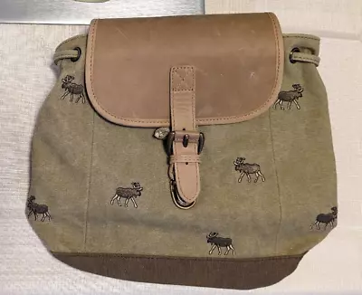 L L Bean Canvas & Leather Backpack Moose Boat Bag Zip Pockets Drawstring Clasp  • $59.95