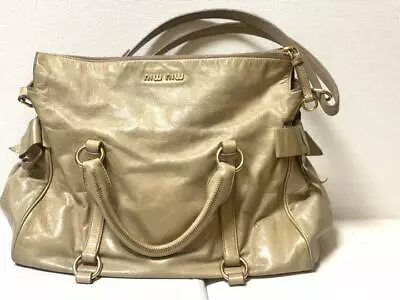 Auth Miu Miu Hndbag 2Way Shoulder Bag #6901 Beige Leather Bow Ribbon • $200