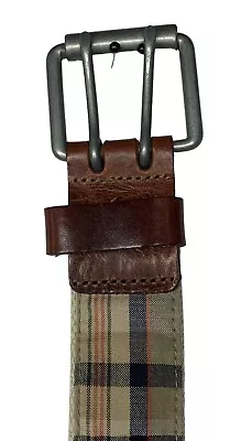 Madras Plaid Canvas & Leather Double Grommet Webbed Belt Mens Large 41”-45” • $5