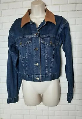 I Love H81 Hollister Women S Blue Denim Button Pocket Printed Crop Jean Jacket • $17.71