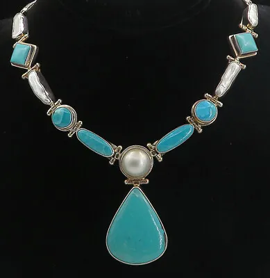 925 Sterling Silver - Vintage Turquoise & Pearls Wheat Chain Necklace - NE1352 • $229.95