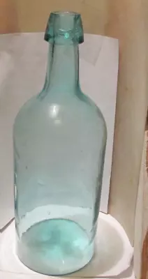 Antique Aqua Hand Tooled Lip Mineral Water Bottle 13  Tall 4 1/2  At Base Bubble • $25