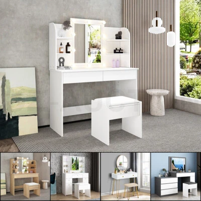 $199.95 • Buy Mirror Dressing Table Makeup Table Stool Set Makeup Jewellery Organiser Cabinet