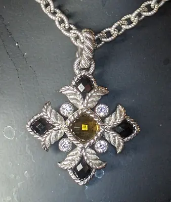 Judith Ripka Sterling Silver Citrine Quartz Onyx Maltese Cross Pendant 17  Chain • $199.95