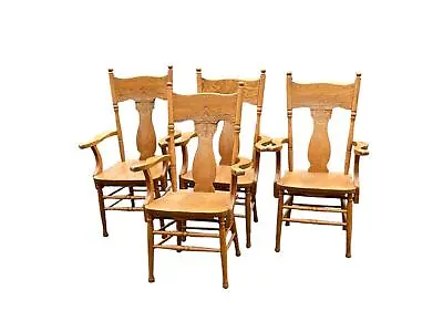 Solid Oak Vintage Highback Carved Design Armchairs (Set Of 4) • $273.59